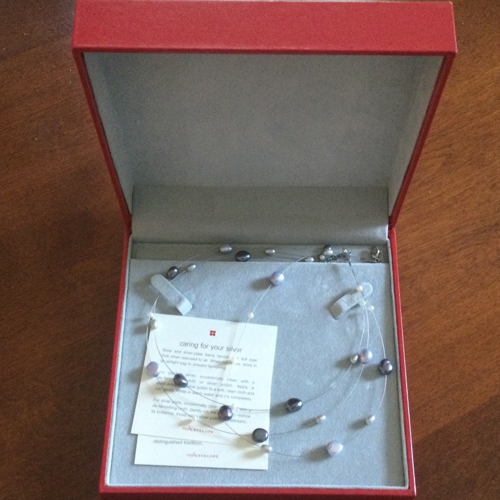 Red Envelope 'Floating' or 'Illusion' 3strand pearl necklace in presentation box